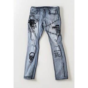 Ninth Hall Rogue Skinny Jeans 36x32 Blue Distressed Graffiti Art Emo Punk